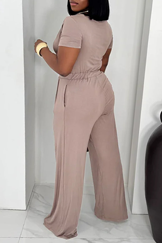 Casual Daily Solid Color Ruched Boat Neck Regular Jumpsuits