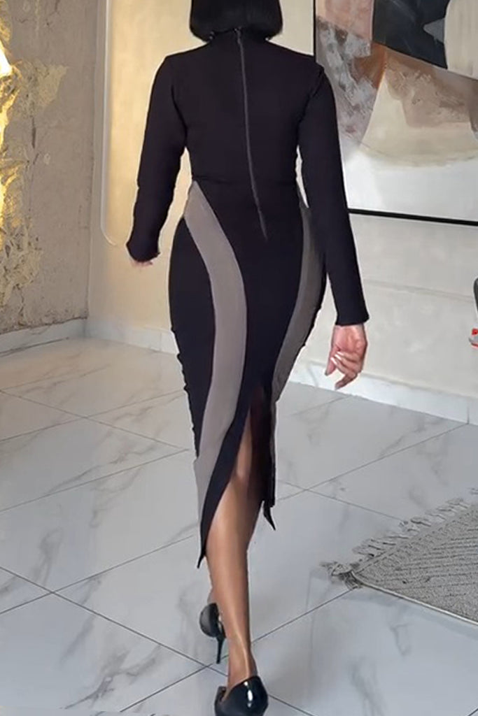 Casual Daily Patchwork Contrast Zipper Collar Long Sleeve Dresses