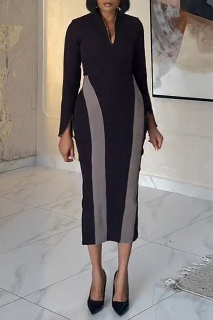 Casual Daily Patchwork Contrast Zipper Collar Long Sleeve Dresses