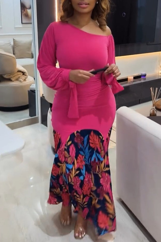 Daily Floral Print Patchwork Belted Oblique Collar Long Dresses