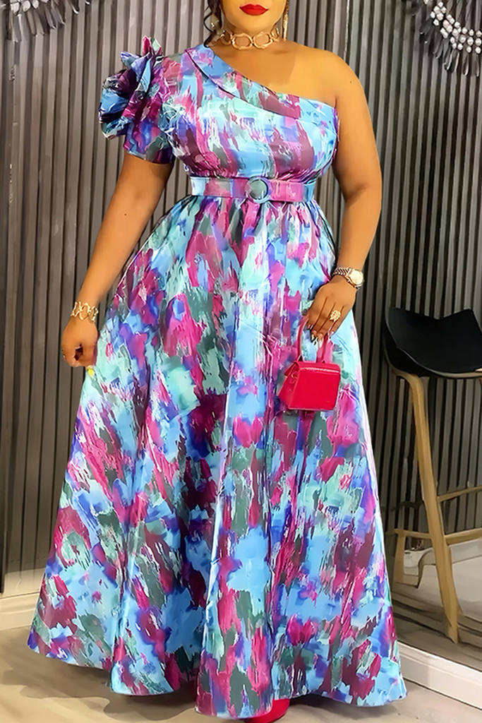Elegant Print With Belt Flower Shape Oblique Collar Long Plus Size Dresses