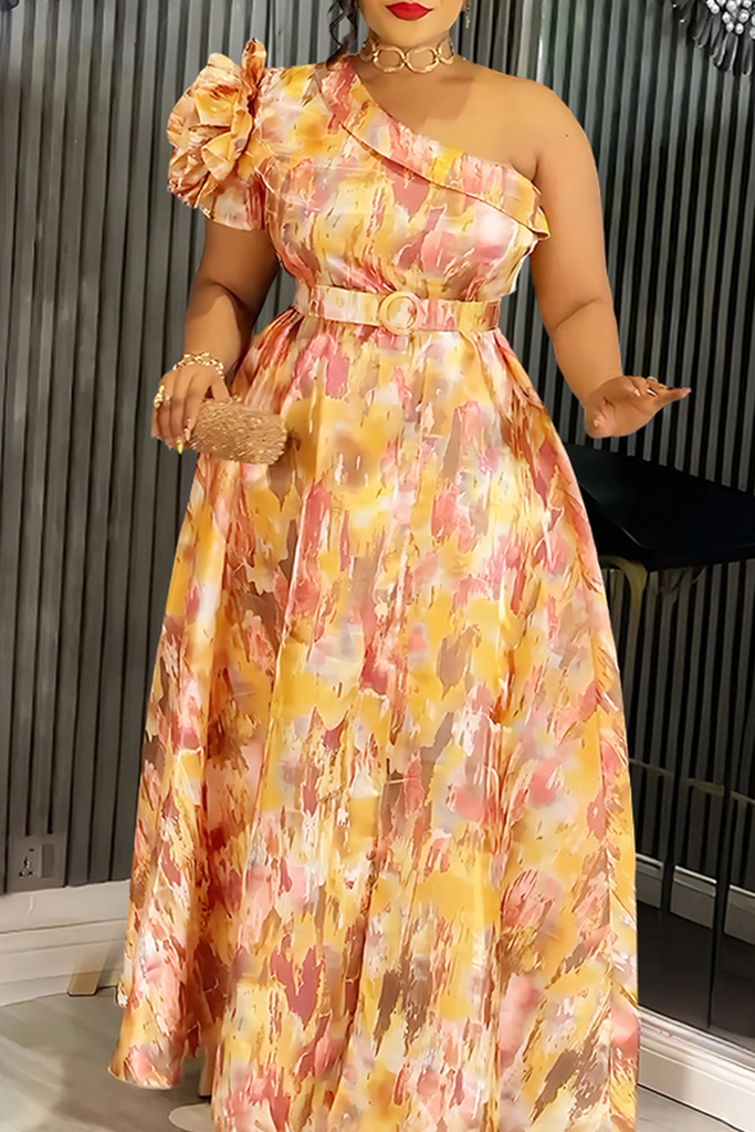 Elegant Print With Belt Flower Shape Oblique Collar Long Plus Size Dresses