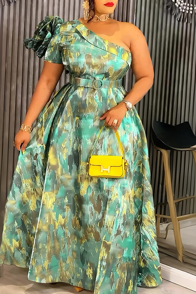 Elegant Print With Belt Flower Shape Oblique Collar Long Plus Size Dresses