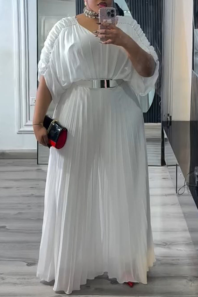 Elegant Solid Color With Belt V Neck Regular Jumpsuits