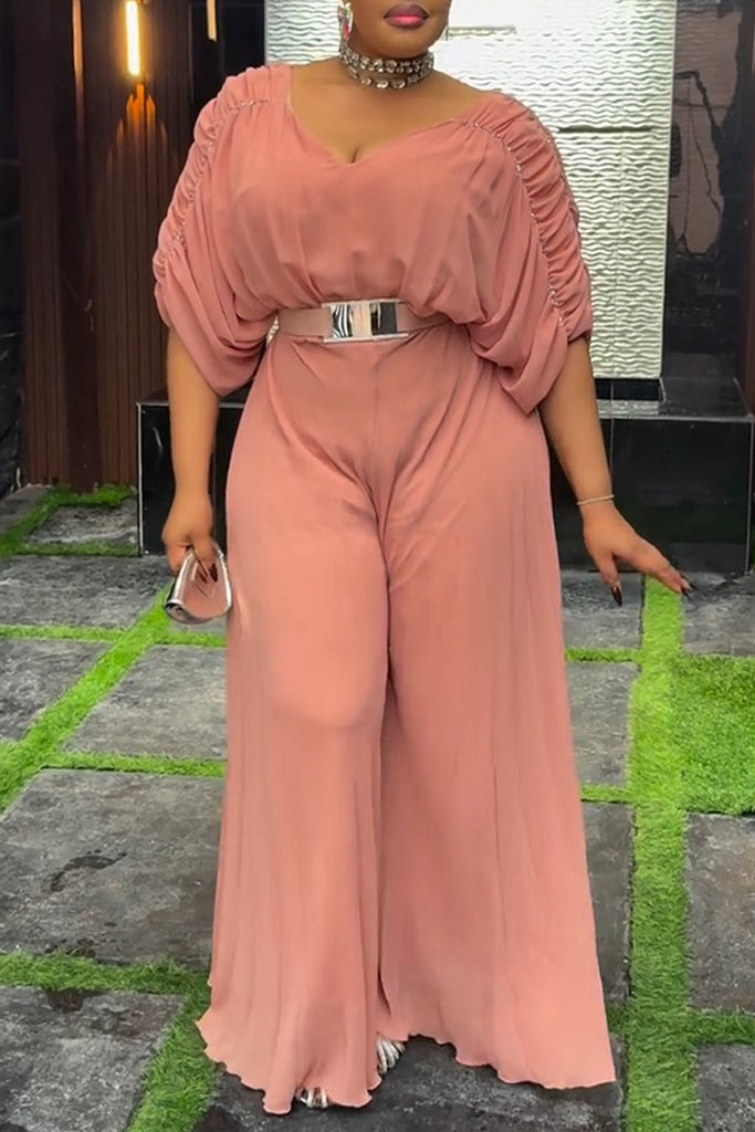 Elegant Solid Color With Belt V Neck Regular Jumpsuits