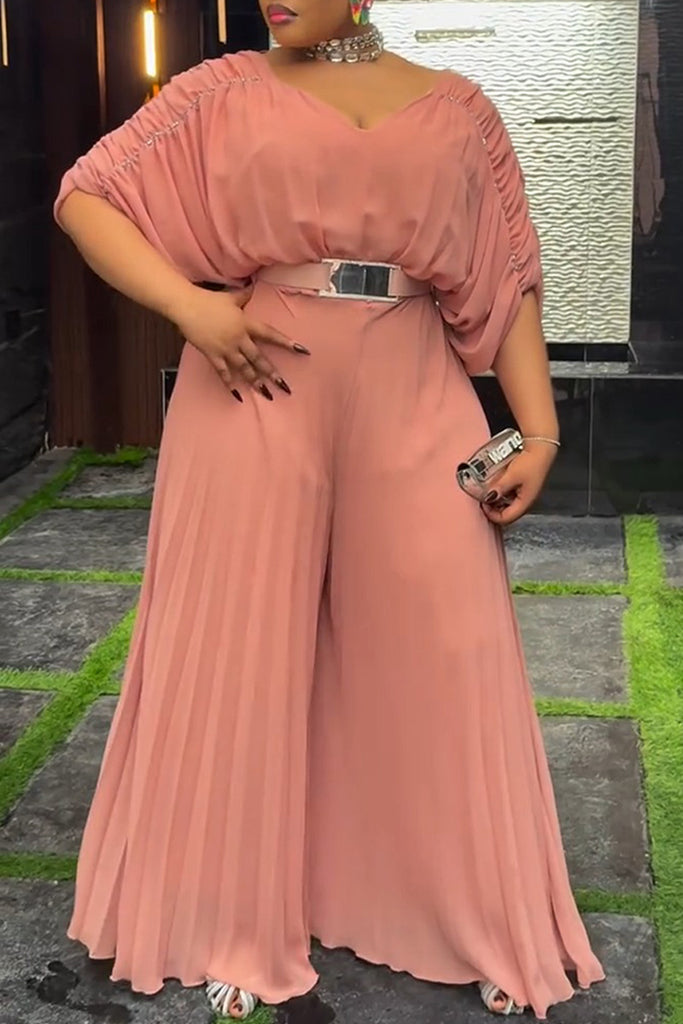 Elegant Solid Color With Belt V Neck Regular Jumpsuits