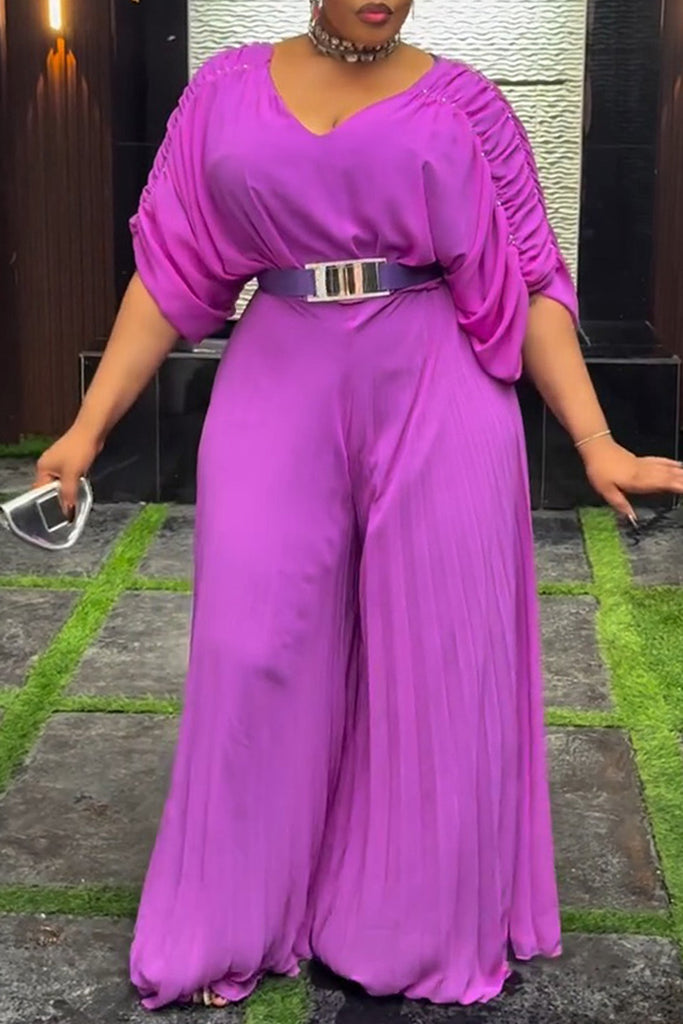 Elegant Solid Color With Belt V Neck Regular Jumpsuits