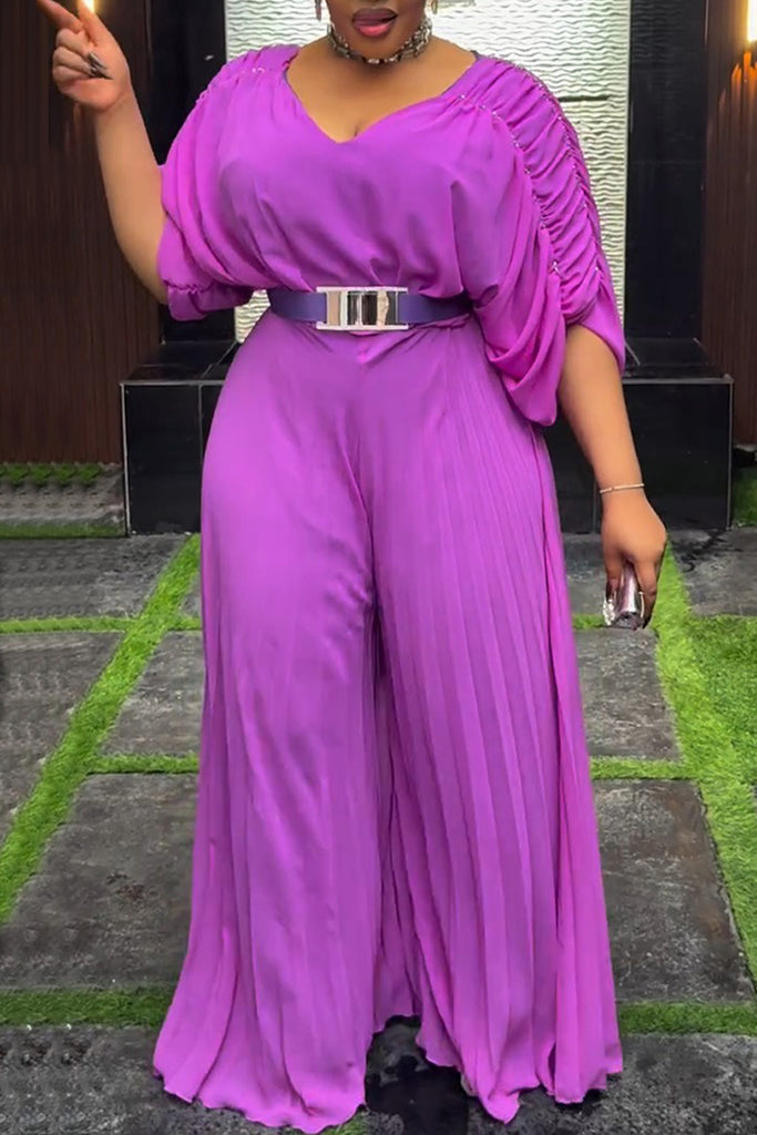 Elegant Solid Color With Belt V Neck Regular Jumpsuits