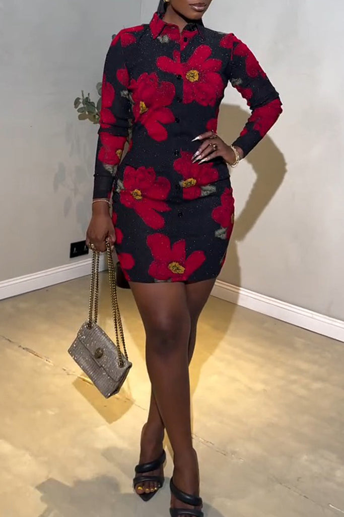 Casual Daily Floral Print Buttons Turndown Collar Long Sleeve Dresses