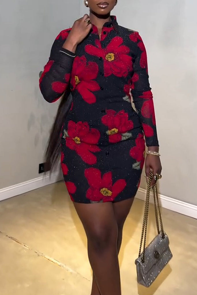 Casual Daily Floral Print Buttons Turndown Collar Long Sleeve Dresses