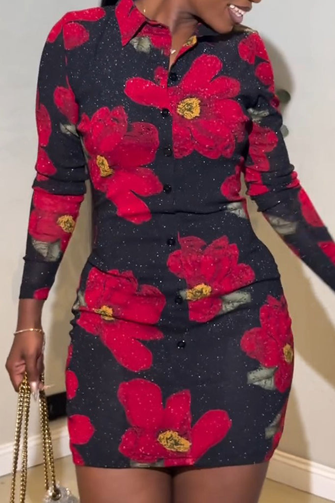 Casual Daily Floral Print Buttons Turndown Collar Long Sleeve Dresses