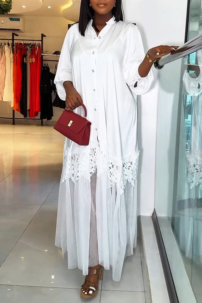 Casual Daily Solid Color Buttons Patchwork V Neck Long Dresses