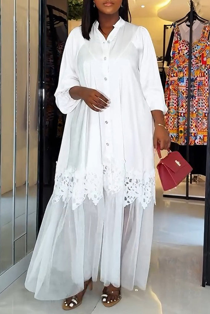 Casual Daily Solid Color Buttons Patchwork V Neck Long Dresses