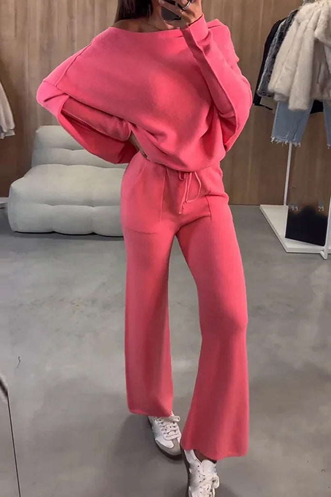 Casual Daily Solid Color Pocket Boat Neck Long Sleeve Two Pieces