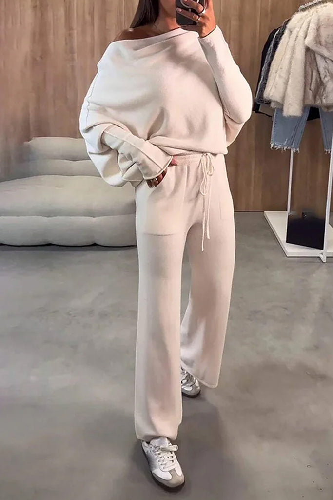 Casual Daily Solid Color Pocket Boat Neck Long Sleeve Two Pieces