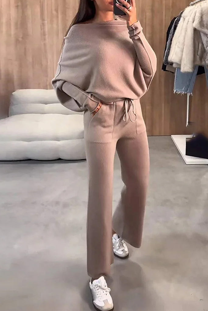 Casual Daily Solid Color Pocket Boat Neck Long Sleeve Two Pieces