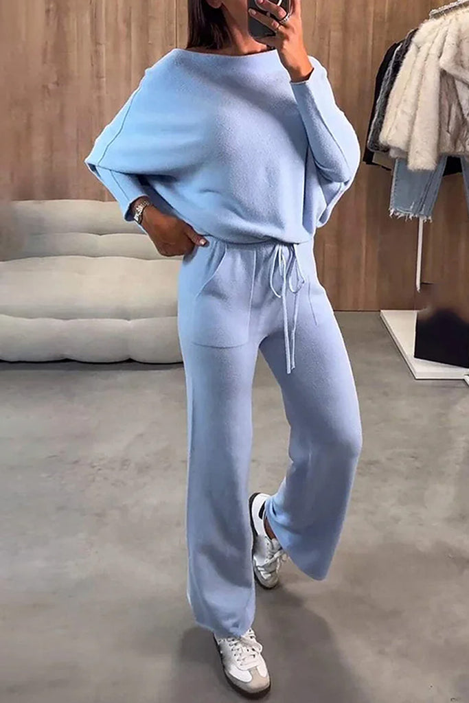 Casual Daily Solid Color Pocket Boat Neck Long Sleeve Two Pieces