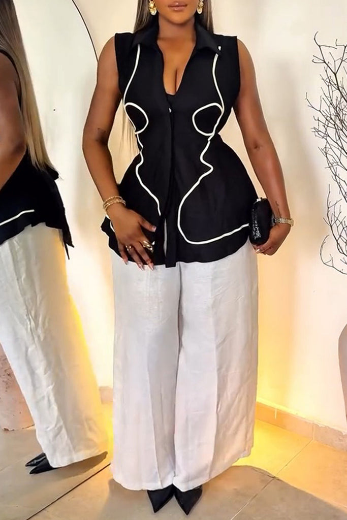 Casual Daily Patchwork Belted Turndown Collar Sleeveless Two Pieces