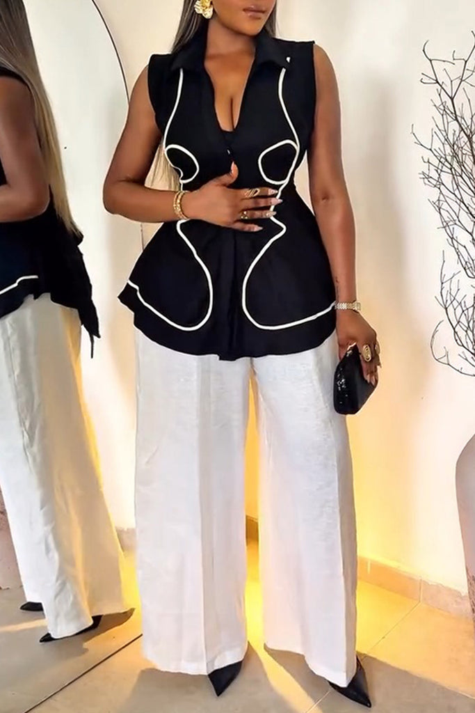 Casual Daily Patchwork Belted Turndown Collar Sleeveless Two Pieces