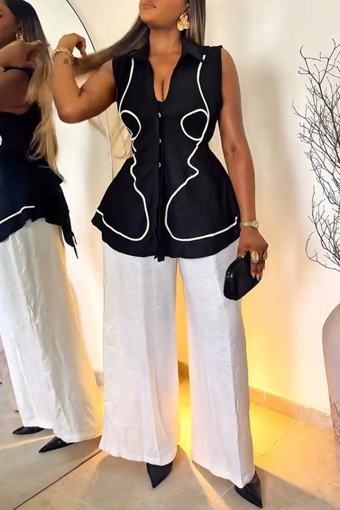 Casual Daily Patchwork Belted Turndown Collar Sleeveless Two Pieces