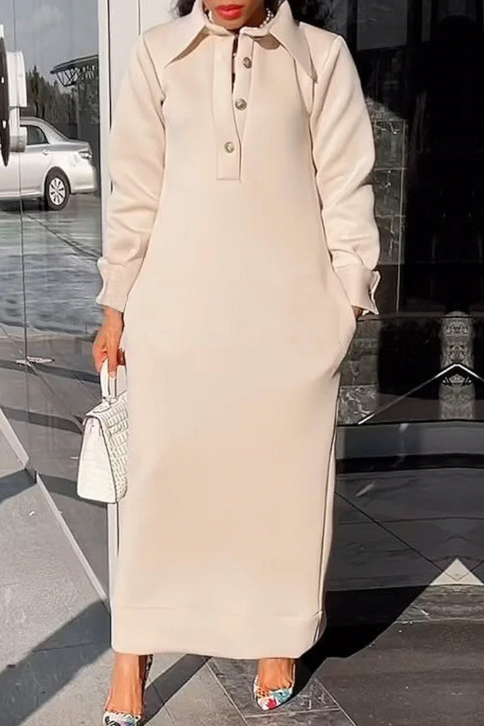 Casual Daily Solid Color Buttons Turndown Collar Long Dresses