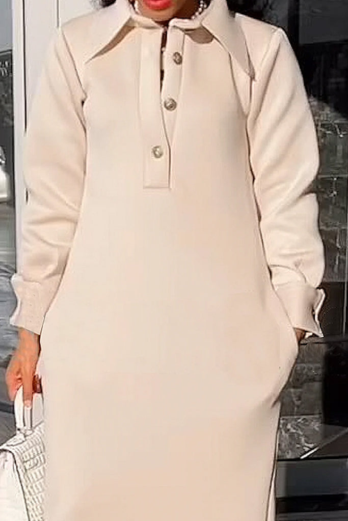 Casual Daily Solid Color Buttons Turndown Collar Long Dresses