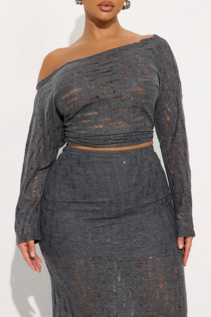 Sexy Casual Daily Solid Color Hollow Out Oblique Collar Long Sleeve Two Pieces