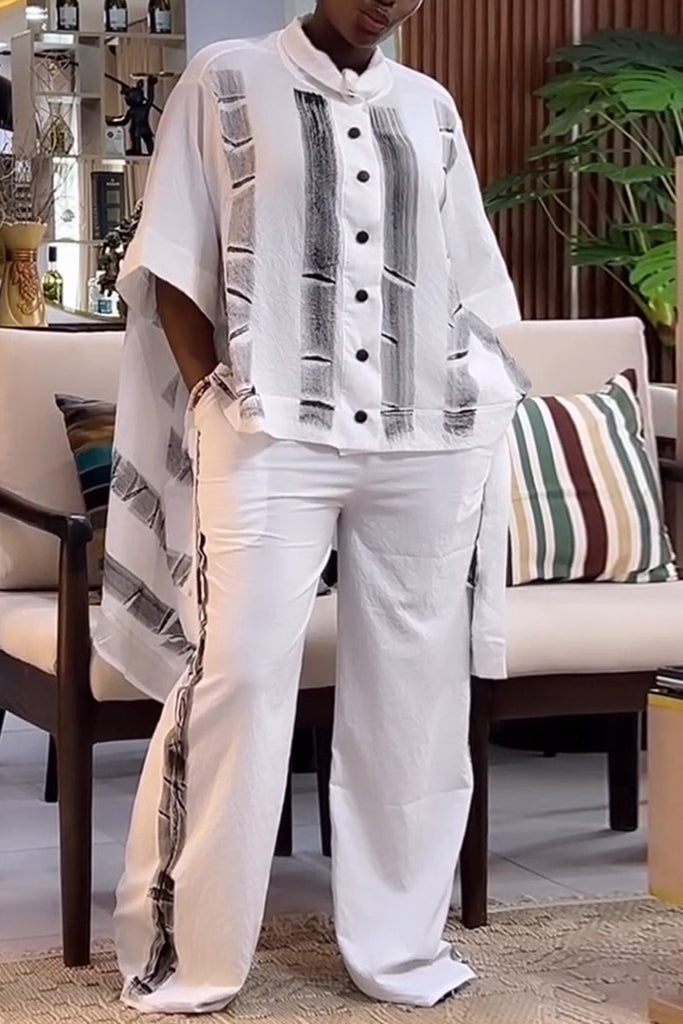 Casual Daily Print Buttons Irregular Turndown Collar Long Sleeve Two Pieces
