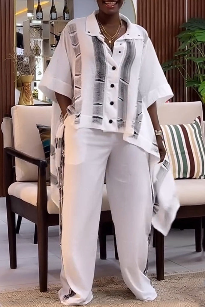 Casual Daily Print Buttons Irregular Turndown Collar Long Sleeve Two Pieces