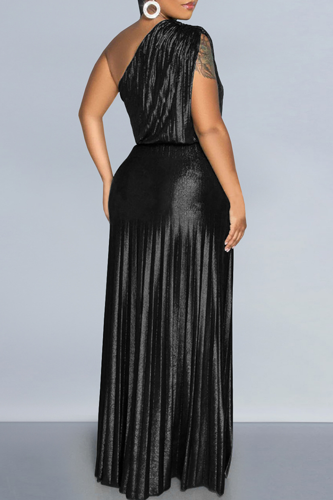 Elegant Solid Color Patchwork Oblique Collar Long Dresses