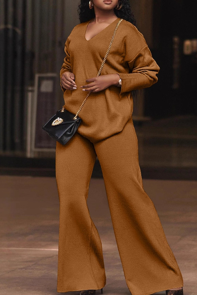 Casual Solid Color Patchwork V Neck Long Sleeve Two Pieces