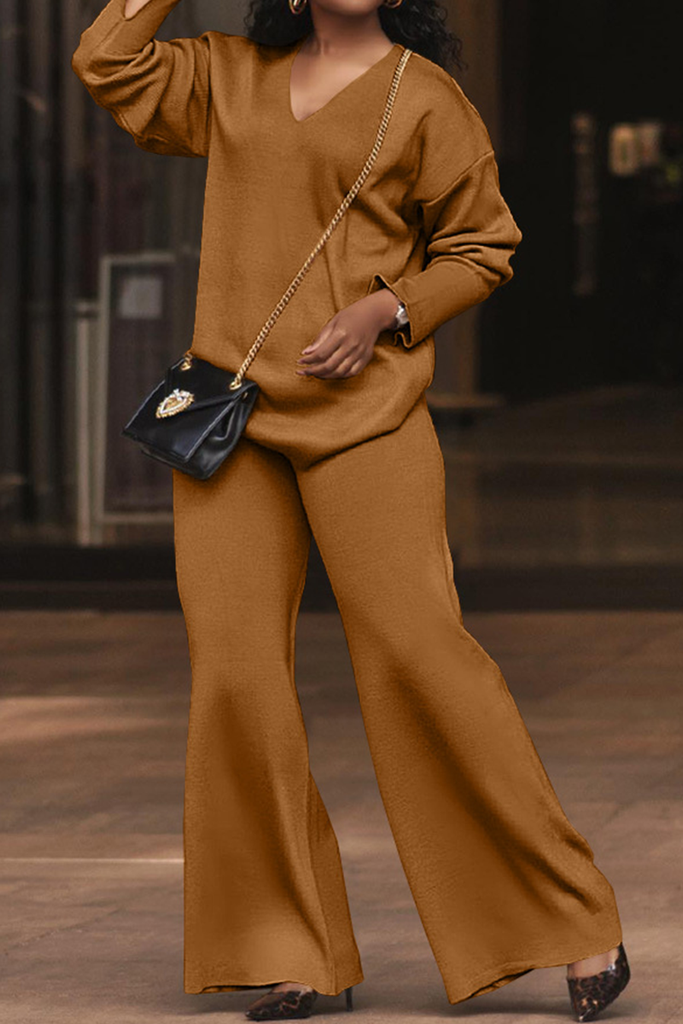 Casual Solid Color Patchwork V Neck Long Sleeve Two Pieces