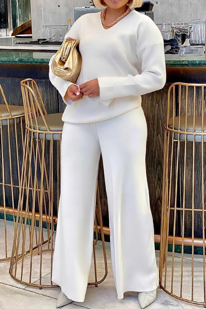 Casual Solid Color Patchwork V Neck Long Sleeve Two Pieces