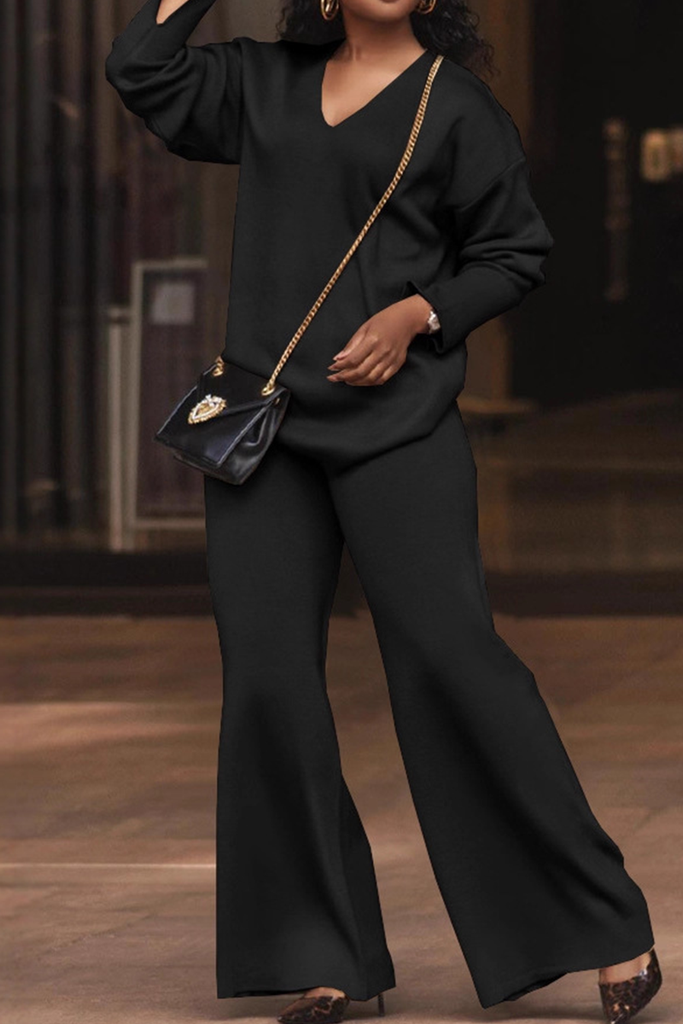 Casual Solid Color Patchwork V Neck Long Sleeve Two Pieces