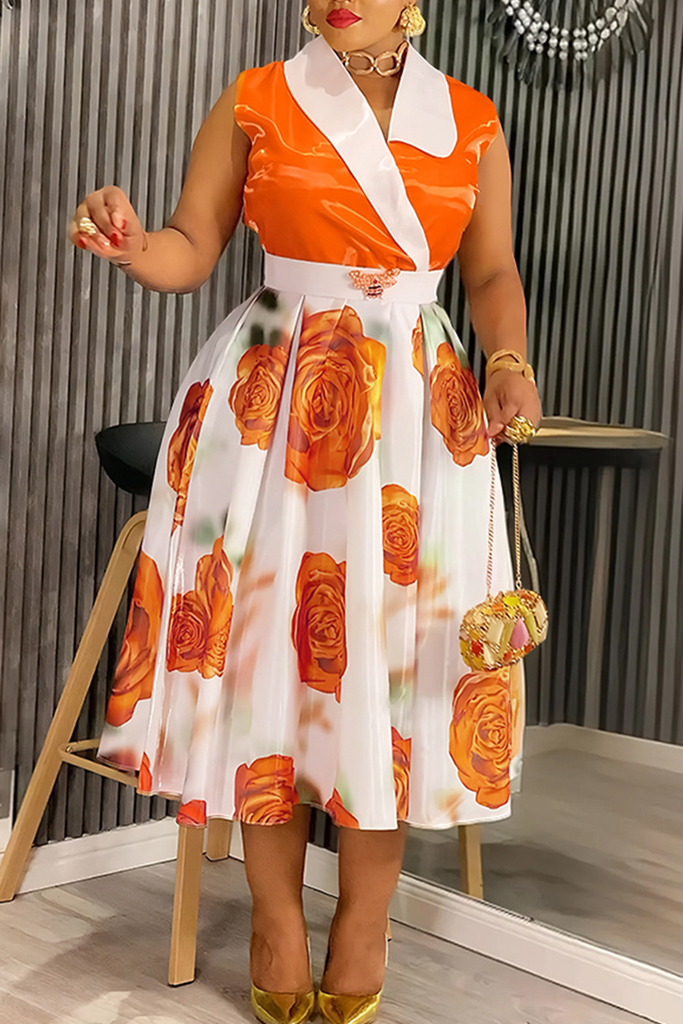 Elegant Print Contrast V Neck A Line Plus Size Dresses