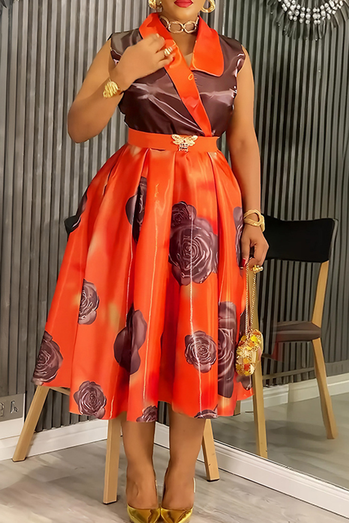 Elegant Print Contrast V Neck A Line Plus Size Dresses