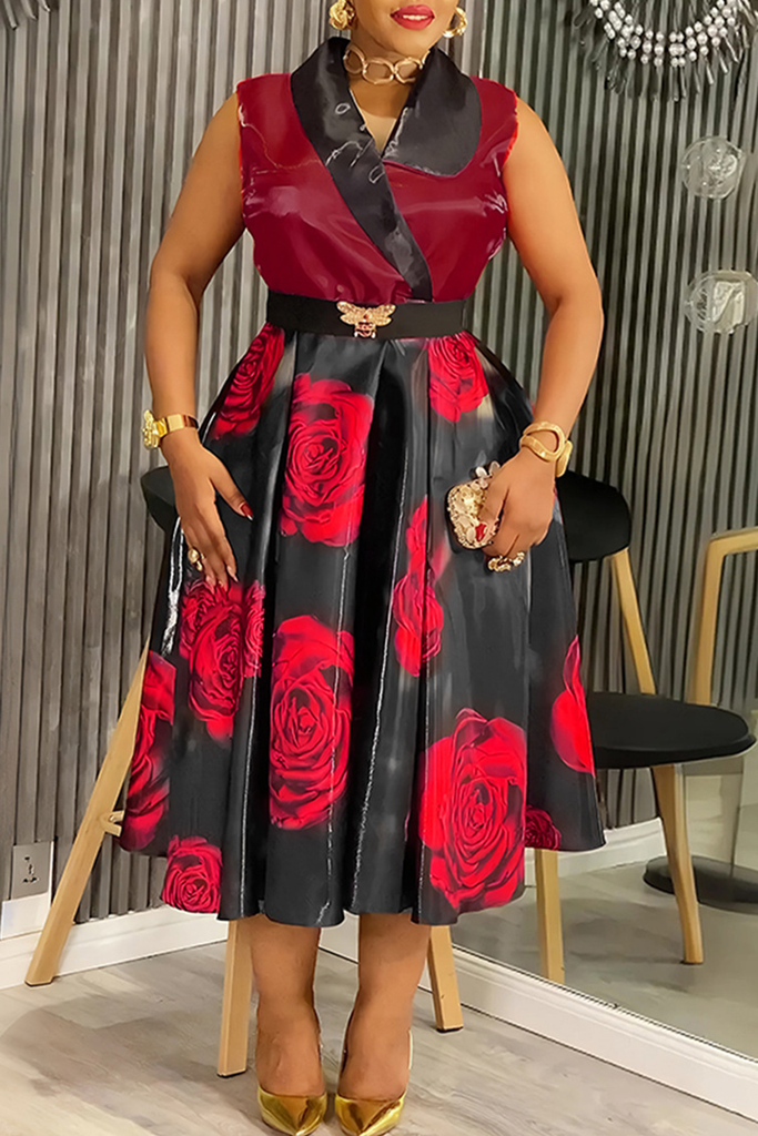 Elegant Print Contrast V Neck A Line Plus Size Dresses
