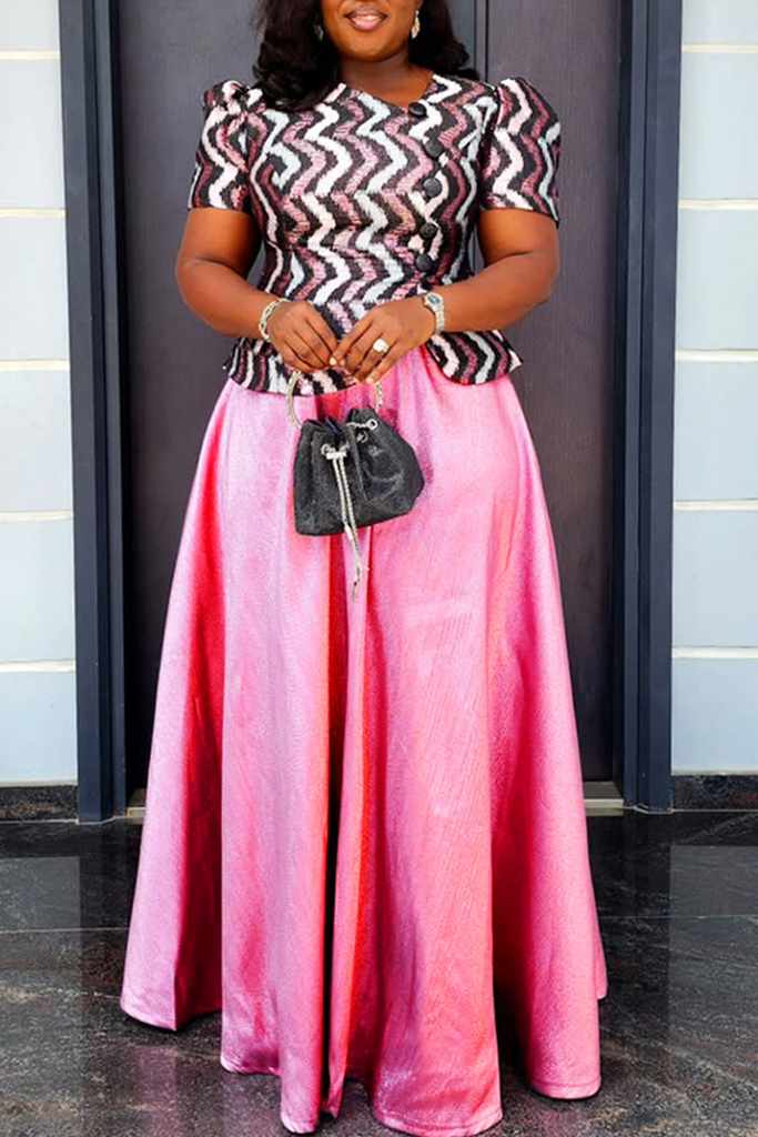 Elegant Stripe Contrast Oblique Collar Plus Size Two Pieces