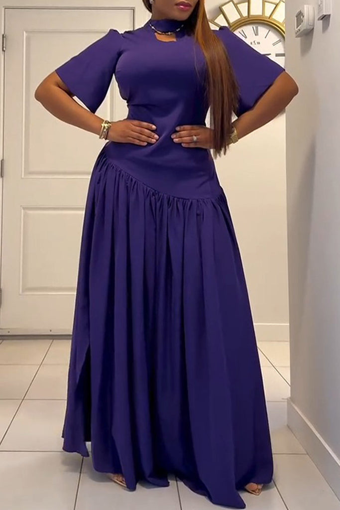 Daily Solid Color Hollow Out Ruched Half A Turtleneck Long Dresses
