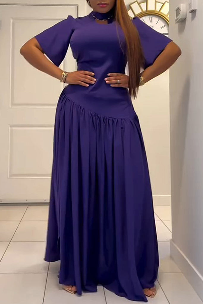 Daily Solid Color Hollow Out Ruched Half A Turtleneck Long Dresses