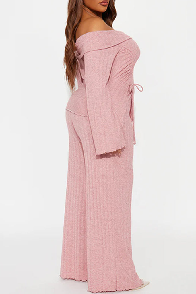 Casual Daily Solid Color Draw String Lace Up Backless Off Shoulder Long Sleeve Two Pieces