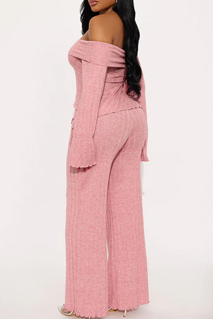 Casual Daily Solid Color Draw String Lace Up Backless Off Shoulder Long Sleeve Two Pieces