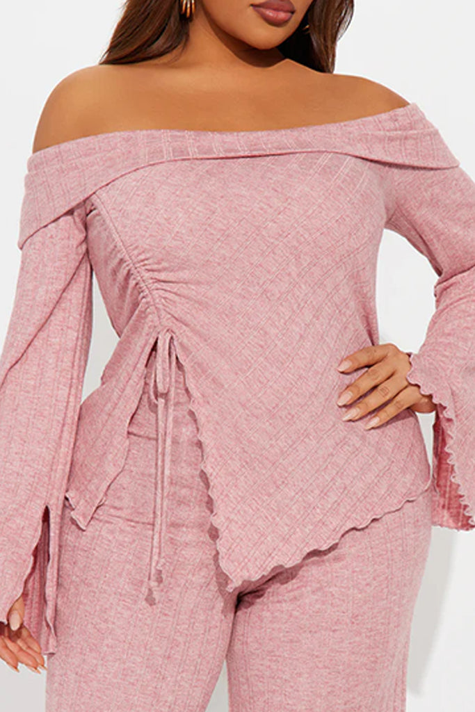 Casual Daily Solid Color Draw String Lace Up Backless Off Shoulder Long Sleeve Two Pieces