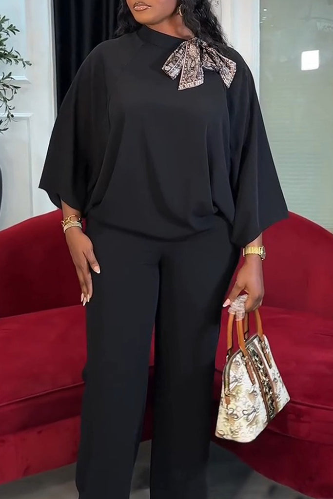 Casual Daily Solid Color Belted Tie Neck Long Sleeve Two Pieces
