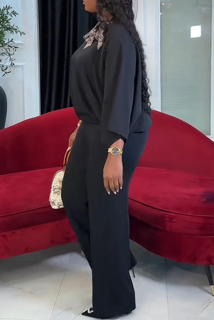 Casual Daily Solid Color Belted Tie Neck Long Sleeve Two Pieces