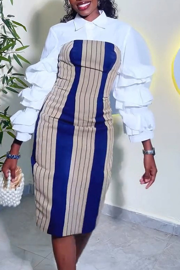 Casual Daily Striped Print Basic Turndown Collar Long Sleeve Two Pieces