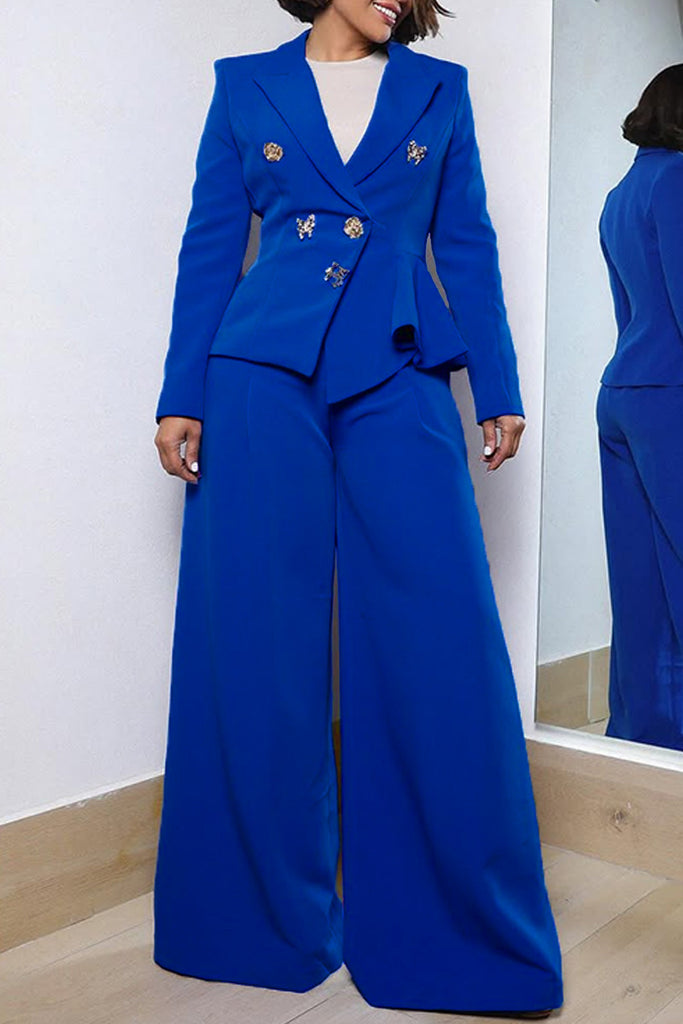 Business Wear Daily Solid Color Buttons Turn-back Collar Long Sleeve Two Pieces