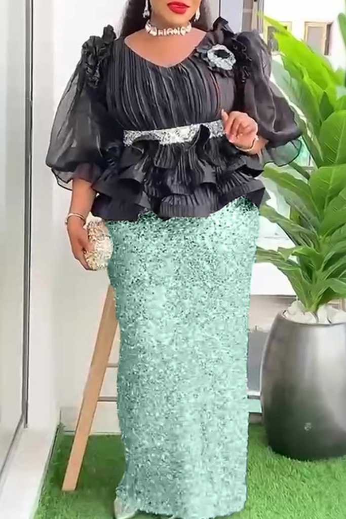 Elegant Solid Color Sequins Flower Shape O Neck Wrapped Skirt Plus Size Dresses