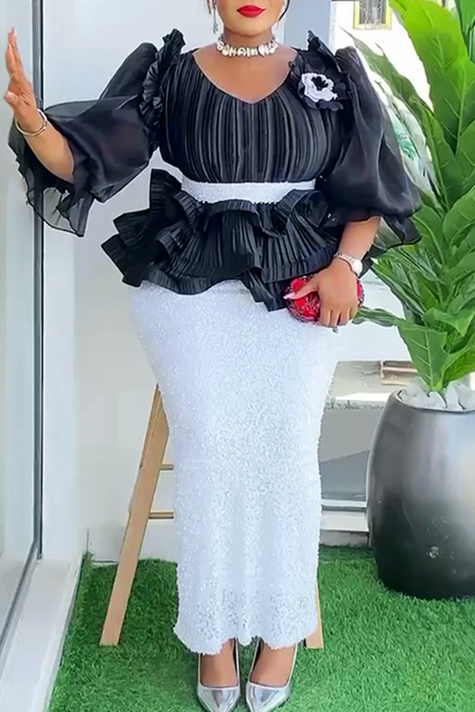 Elegant Solid Color Sequins Flower Shape O Neck Wrapped Skirt Plus Size Dresses