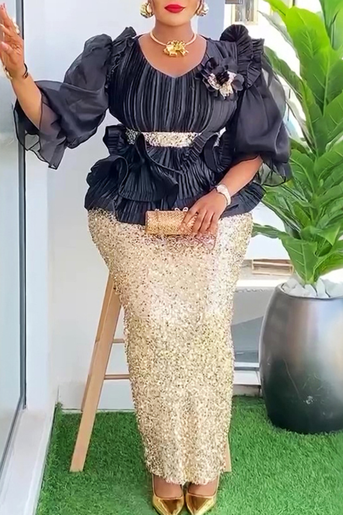 Elegant Solid Color Sequins Flower Shape O Neck Wrapped Skirt Plus Size Dresses